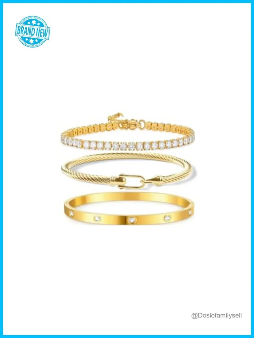 3-Piece Stackable Gold Bracelet Set, Zircon Horseshoe Cable Bracelets